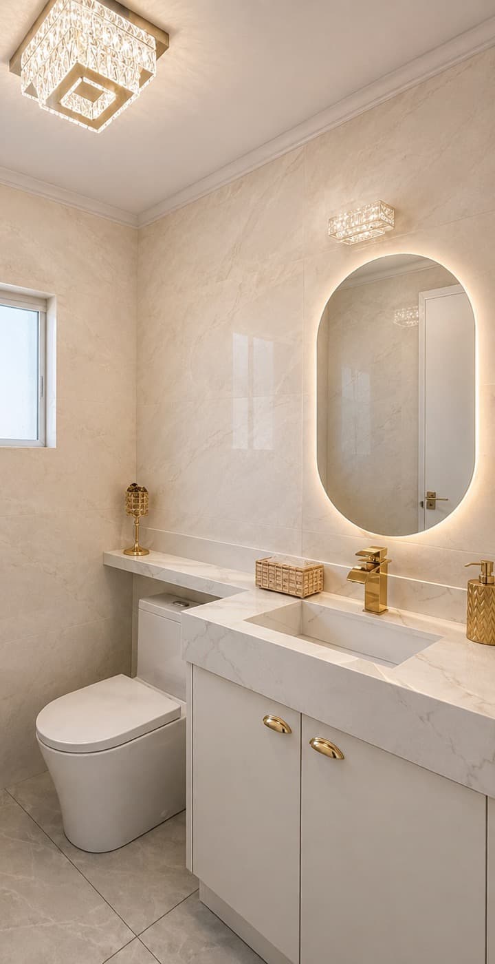 Lavabo com espelho retroiluminado e metais dourados